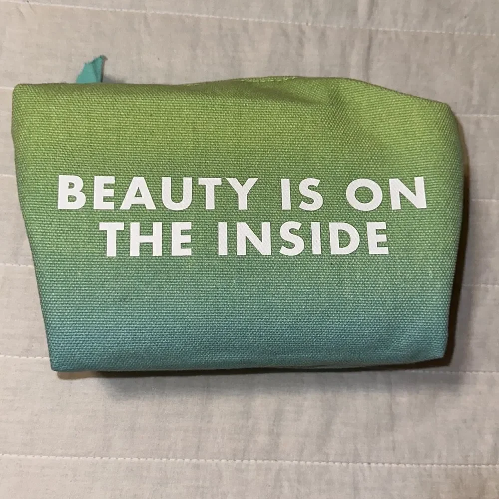 Earth Origins Blue Green White Canvas Beauty Is On The Inside” Cosmetic Zip Bag